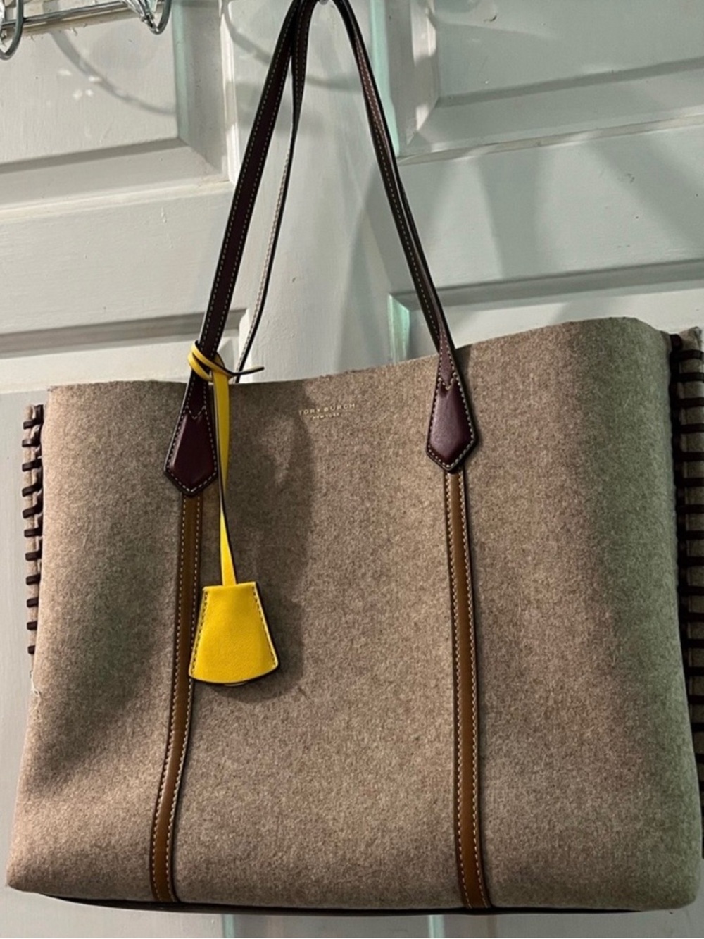Tory Burch Taupe Wool-Blend Tote with Brown Trim and Yellow Tag